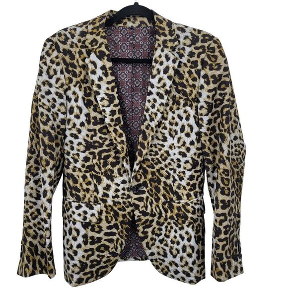 Leopard Print Mens Satin Blazer Jacket L/46 Single-Breasted Party Stage Suit - Picture 14 of 14